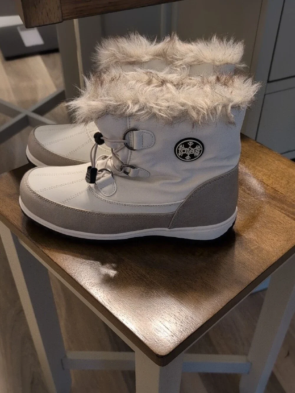 Totes Brand Women's White Faux-Fur Winter Ankle Boots with Gray Accents